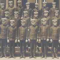          Black-and-white panoramic goup photo of Stevens Cadets posed outside a Stevens Institute of Technology building, Hoboken, no date, ca. 1910. picture number 3
   