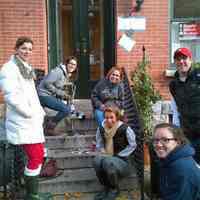 Color photo of phone recharging station on front steps, 206 11th St., Hoboken, in week after Hurricane Sandy, Nov. 2012.