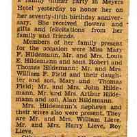 Newsclipping: Mrs. Hildemann Marks Birthday. Policeman’s Widow Is 75. Oct. 15, 1944.