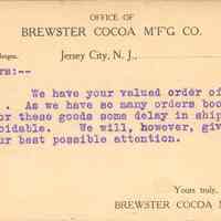 Postcard: Brewster Cocoa Mfg. Co., Jersey City, NJ