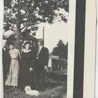Digital image of sepia-tone photo John and Leonore Muller, their dog, Tootsie, and 2 other people, no place, no date, ca. 1920-1923.