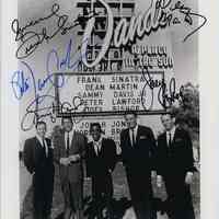          B+W photo of Frank Sinatra & 4 other Rat Pack members posed outside Sands marquee sign, Las Vegas, NV, ca. Jan. 1960; reputedly signed by all. picture number 2
   