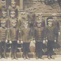          Black-and-white panoramic goup photo of Stevens Cadets posed outside a Stevens Institute of Technology building, Hoboken, no date, ca. 1910. picture number 4
   