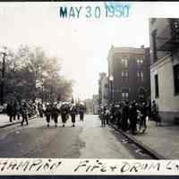 Digital image of b+w photo of Champion Fife & Drum Corp marching, location not given, Memorial Day, Hoboken, May 30,1950