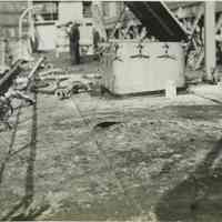 B+W photo showing damage on the main deck on unidentified vessel at the Bethlehem Steel Shipyard, Hoboken Division, no date, ca. 1940.