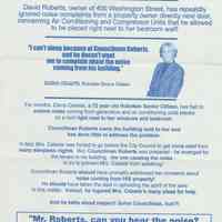 Political handbill: Against Councilman David Roberts re noise complaints, Hoboken, no date, ca. 1999.