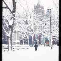 Color slide of a snowy Church Square Park and Our Lady of Grace Church.