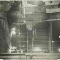 B+W photo of interior view of structural repairs underway on unidentified vessel at the Bethlehem Steel Shipyard, Hoboken Division, no