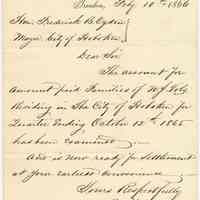 Letter to Mayor Frederick B. Ogden, Mayor, Hoboken, from Richard H. Cook, State of N.J, Office of the Comptroller of the Treasury, Feb. 10, 1866, re third quarter family relief accounts.