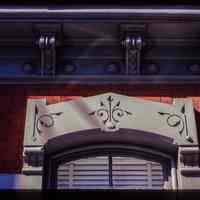 Color slide of close-up view of window head and cornice at 216 10th on the NE corner with Park