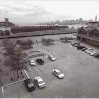 Digital b+w image of Hoboken Terminal ferry facade and plaza looking northeast, Hoboken, no date, [2004].