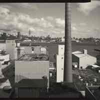 B+W photo of former Maxwell House Coffee plant exterior, overview looking east from top of Soluble Building, Hoboken, 2003.