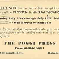 B+W Postcard: The Poggi Press, Hoboken, NJ, 1958