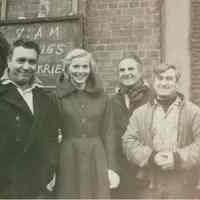 B+W candid photo of "On the Waterfront" filming in Hoboken: Karl Malden, Eva Marie Saint, Hoboken, no date, ca. late 1953-early 1954.