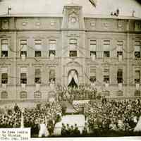 B+W photo of City Hall, "Honor the Brave" ceremony with Mayor August Grassman, ca. 1889-1891.