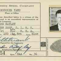 Bethlehem Steel Company, Hoboken Yard, Hoboken, 17 employee identification file cards, Hoboken, ca. 1938-1950.