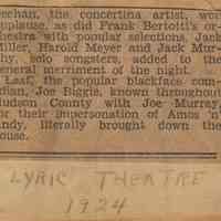Newsclipping of review of performance by Joe Biggie (Joseph Yaccarino of Hoboken) with Joe Murrary at Lyric Theatre, Hoboken, 1924.
