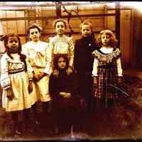 B+W 4" x 5" glass-plate negative image of Florence and Madeline Miller with 4 other girls in the backyard of 716 Bloomfield St., Hoboken, no date, ca