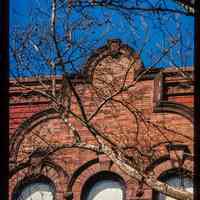          Color slide of close-up view of brick pediment, cornice, keystones and semicircular arches at 802 Hudson between 8th and 9th picture number 1
   