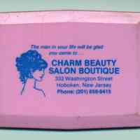 Folding pocket mirror imprinted for Charm Beauty Salon Boutique, 333 Washington St., Hoboken, n.d., ca.1965-1980.