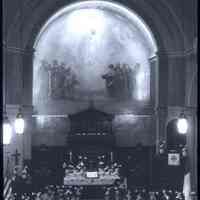 B+W photo negative of St. Matthew Lutheran Church interior, altar with flowers, Hudson and 8th Sts., Hoboken, no date, ca. 1955-1956.