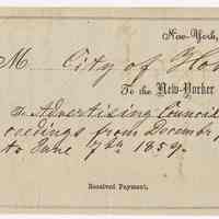 File receipt of paid bill for City Council proceedings printed in New-Yorker Staats-Zietung for City of Hoboken, July 13, 1859.