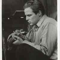 Black-and-white publicity photo of Marlon Brando as Terry Malloy in film "On the Waterfront," Hoboken, no date, ca. 1953-1954.