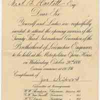 Invitation to Mr. A.B. Hartell from Joseph Nixon to attend opening 23rd Intl. Convention, Brotherhood of Locomotive Engineers, Metropolitan Opera House, Oct. 20th 1886.