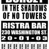 Digital image of poster: Burczy, In the Shadows of No Towers, Ristra Bar, 230 Washington St., [Hoboken], January 20, 2003.