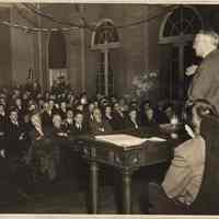 B+W photo of of Thomas Reed discussing his Hoboken Report, Waldheim-Stevens Forum, Hoboken, no date, ca. 1945-1950.