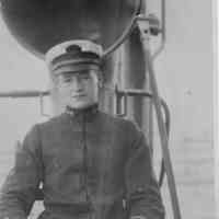 B+W photo portrait of a seated officer or cadet on an unidentified vessel, no place, no date, ca. 1935.