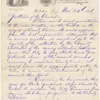 Digital image, document: Letter by Mayor Edward R. Stanton to City Council re retention of monies raised for County Parks, Hoboken, Nov. 23, 1891.