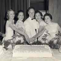 Digital image of B+W group photo of five members of the Class of 1955 in formal wear in ceremonial cutting of a cake, Stevens Hoboken Academy, Union Club, Hoboken, June 9, 1955.