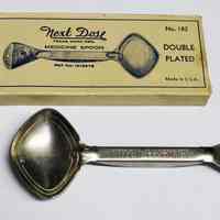 Medicine spoon: Next Dose Medicine Spoon No. 182. Issued by Willow Pharmacy, 904 Willow Ave., Hoboken. N.d., ca. 1930-1950.