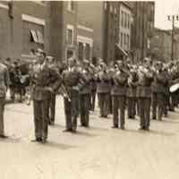 Digital image of photo of the Hoboken Playgrounds Field Band assembled on street near the Recreation Center,113 Jefferson St., Hoboken,1938.