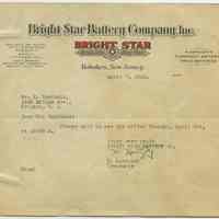 Letter: Bright Star Battery Company, Inc., Hoboken, New Jersey. April 1930.