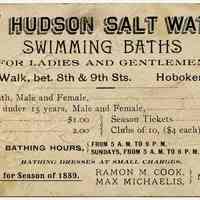 Card, trade: The Hudson Salt Water Swimming Baths. River Walk between 8th & 9th Sts., Hoboken. Issued 1889.