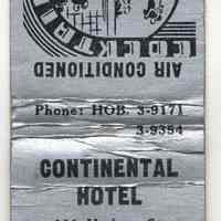 Matchbook from Continental Hotel, 101 Hudson St., Hoboken, N.J., no date, ca. 1950.