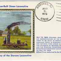 First day cover issued for 150th Anniversary of the Stevens Locomotive, Hoboken, (Hoboken Post Office, 89 River St.) Hoboken, NJ 07030, May 13,1976.