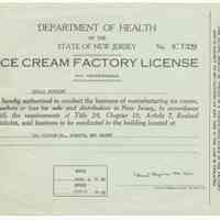 Ice Cream Factory License from the Dept. of Health, State of New Jersey to Nicola Principe, 416 Clinton St., Hoboken, for 1956-1957.