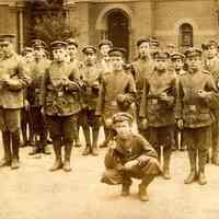 Digital image of photo of a group of Stevens Cadets posed outside a church, no place (probably Hoboken), 1915.
