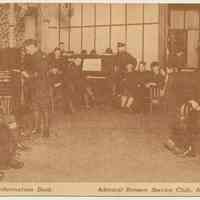 Postcard: photo view of the Lounge & Information Desk, Admiral Benson Service Club, Hoboken, n.d., ca. 1918-1919.