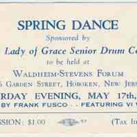 Ticket: admission ticket for Spring Dance sponsored by Our Lady of Grace Senior Drum Corps, Hoboken, May 17, 1952.