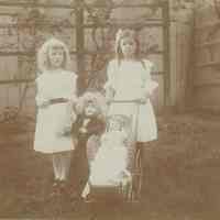 Sepia-tone photo of two young girls, ca. 5-6 years old, probably Florence Miller & Madeline Miller, Hoboken, no date, ca. 1895-1898.