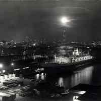 B+W night photo of Holland-America Line ocean liner Statendam at the Fifth Street pier, Hoboken, no date, ca. mid-1950