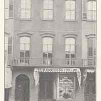 Printed B+W photograph of Mrs. D. Dillinger Hair Dressing Parlor, 525 Washington St., Hoboken, no date, ca. 1905-1908.