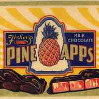 Advertising specimen leaf: 3 printed candy labels including Fisher