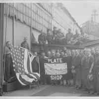 B+W photo of shipyard workers outside plate shop, ca. 1942