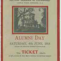 Printed ticket for Alumni Day, Saturday, June 6, 1914 at Stevens Institute of Technology, Castle Point, Hoboken, N.J.