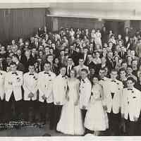 Digital image of B+W group photo of graduation dinner, Class of 1955, Stevens Hoboken Academy, Union Club, Hoboken, June 9, 1955.